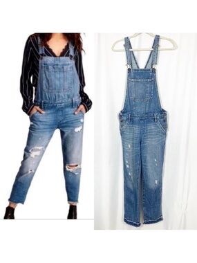 Abercrombie & Fitch Distressed Denim Jean Overalls Raw Hem Straight Slim Blue